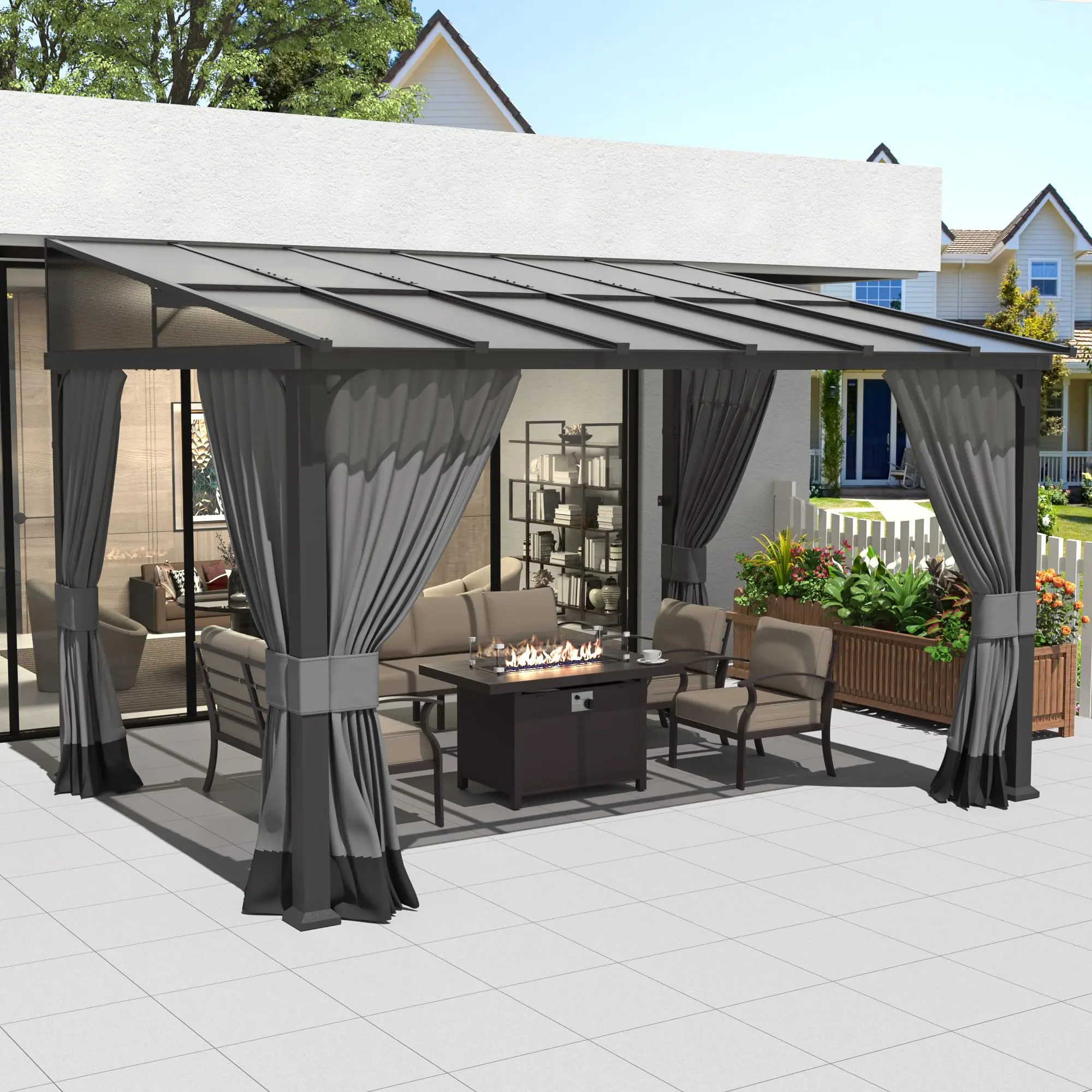 [3 packages delivery]Kullavik Hard Top Lean to Gazebo, Wall Mount Heavy Outdoor Gazebo with Curtains and Netting