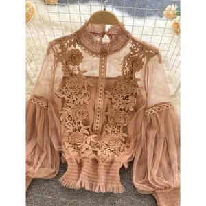 Elegant Women's Lace Blouse, Featuring Floral Patchwork and Organza Puff Sleeves - Slim Fit, Round Neck for Spring and Summer, Suitable for Casual or Semi-Formal Occasions, Exquisite Lace Details, Lightweight Polyester Blend Top Womenswear Shirts Basic