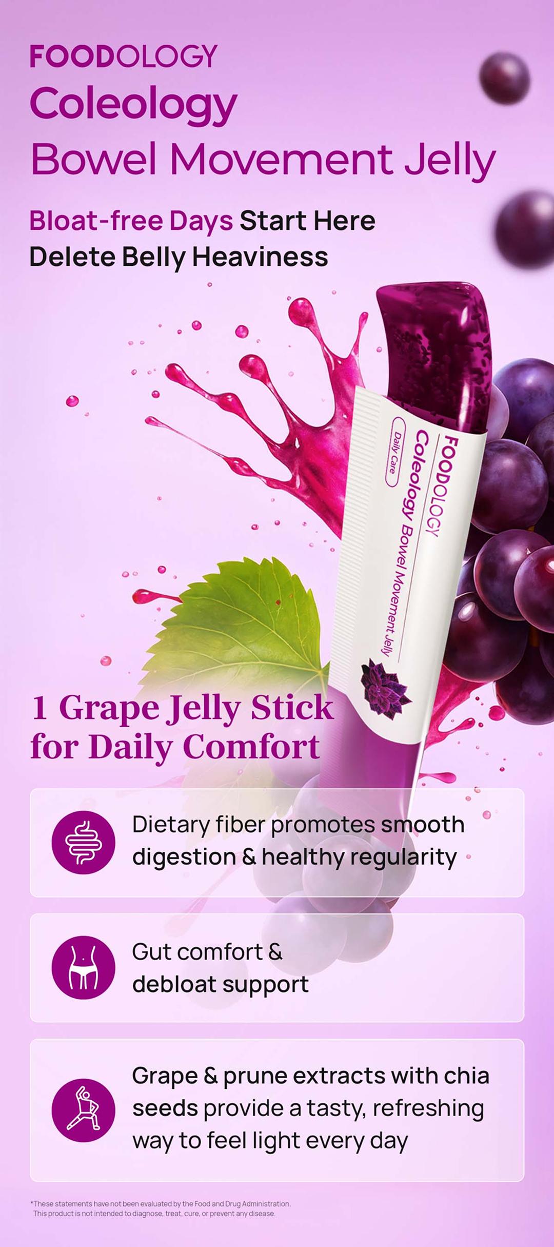 [FOODOLOGY] Coleology Bowel Movement Jelly, Gut Comfort Relieves Bloating and Supports more Comfortable Grape-Flavored Jelly Sticks,Fiber Supplement , Garcinia Cambogia, Collagen, Chia Seeds-1 Pack of 10