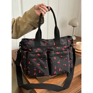Cute Cherry Printed Multi-Pocket Tote Bag, Lightweight Casual Shoulder Bag for College Students, Large Capacity, All Seasons Use, Fashionable Patterned Bag