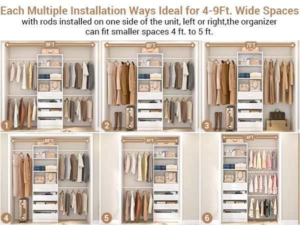 75''-115'' W Adjustable Closet System with 4 Wooden Drawers and 4 Hanging Rods, Modern Sturdy 4-9FT Walk-in Closet Organizer with Strorage Shelve