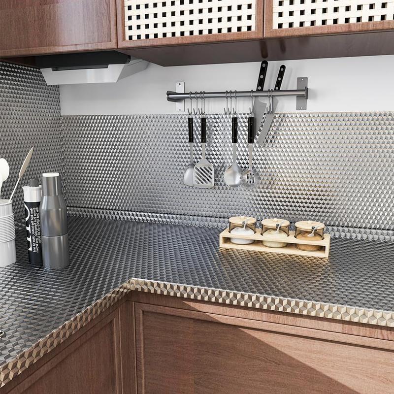 Kitchen Wallpaper Oil Proof Sticker Backsplash 15.7x118 Inches Self Adhesive Aluminum Foil Silver Waterproof Heat Resistant Easy Cut Trim Anti-Oil Dust