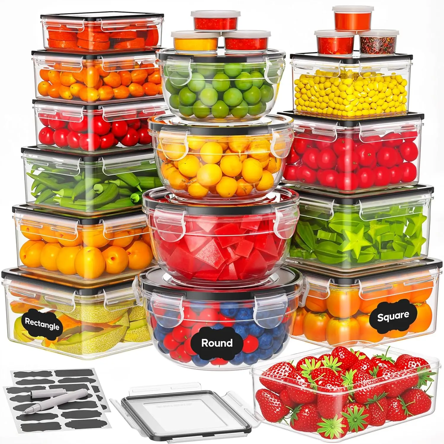 26Packs Frige Organizers and Storage, Stackable Fruit Storage Containers for Fridge with Lids Airtight & Leakproof Includes Labels & Pen, Reusable Plastic Microwave & Dishwasher Safe for Meal Prep Salade Kitchen Accessories Plastic Food Storage Kitchen St