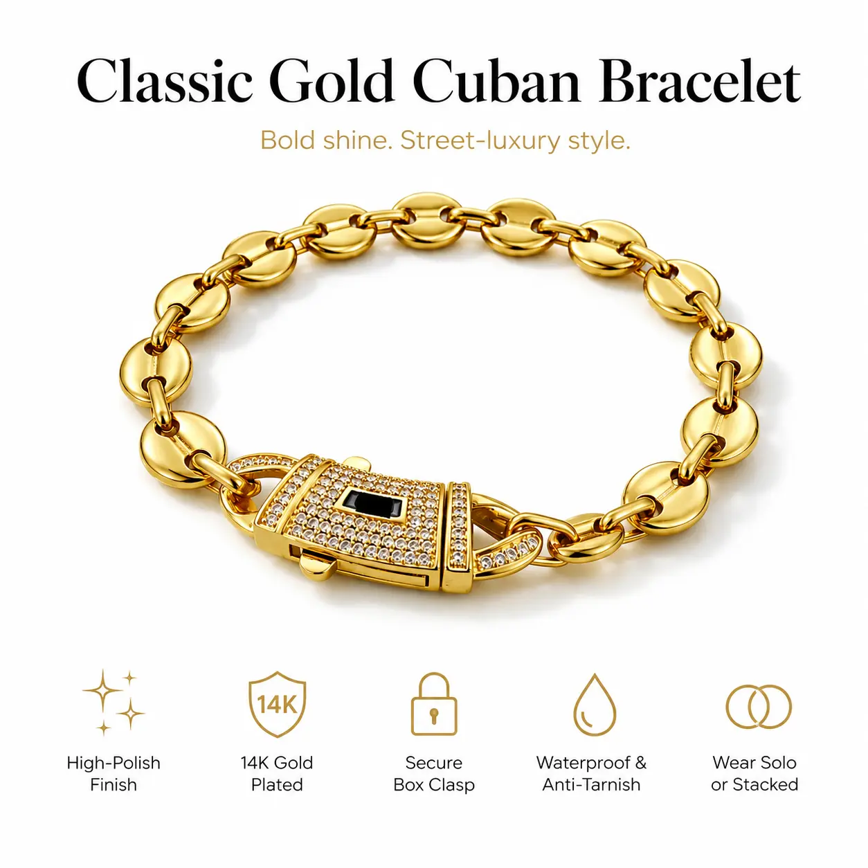 14K Gold Plated Iced Oval Cuban Link Bracelet, 6mm/8mm/10mm Gold Chain Bracelet with Sparkling CZ Clasp, 7.5/8.5 Inch