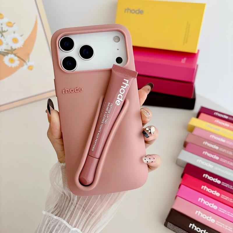 Rhode Cute Makeup Aesthetic Phone Case with Built-In Lip Balm Holder for iPhone 11 12 13 14 15 16 17, Shockproof Protective Back Cover, Stylish Beauty Phone Accessory for Women and Daily Carry