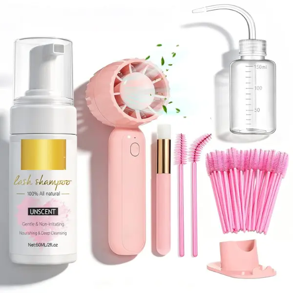 Halloween Gift 【SUMMER VIBES】3.38oz Lash Shampoo Kit for Eyelash Extensions & Gentle Mousse Cleanser & Mini Pink Handheld Fan - Easy for Beginners & Makeup Care