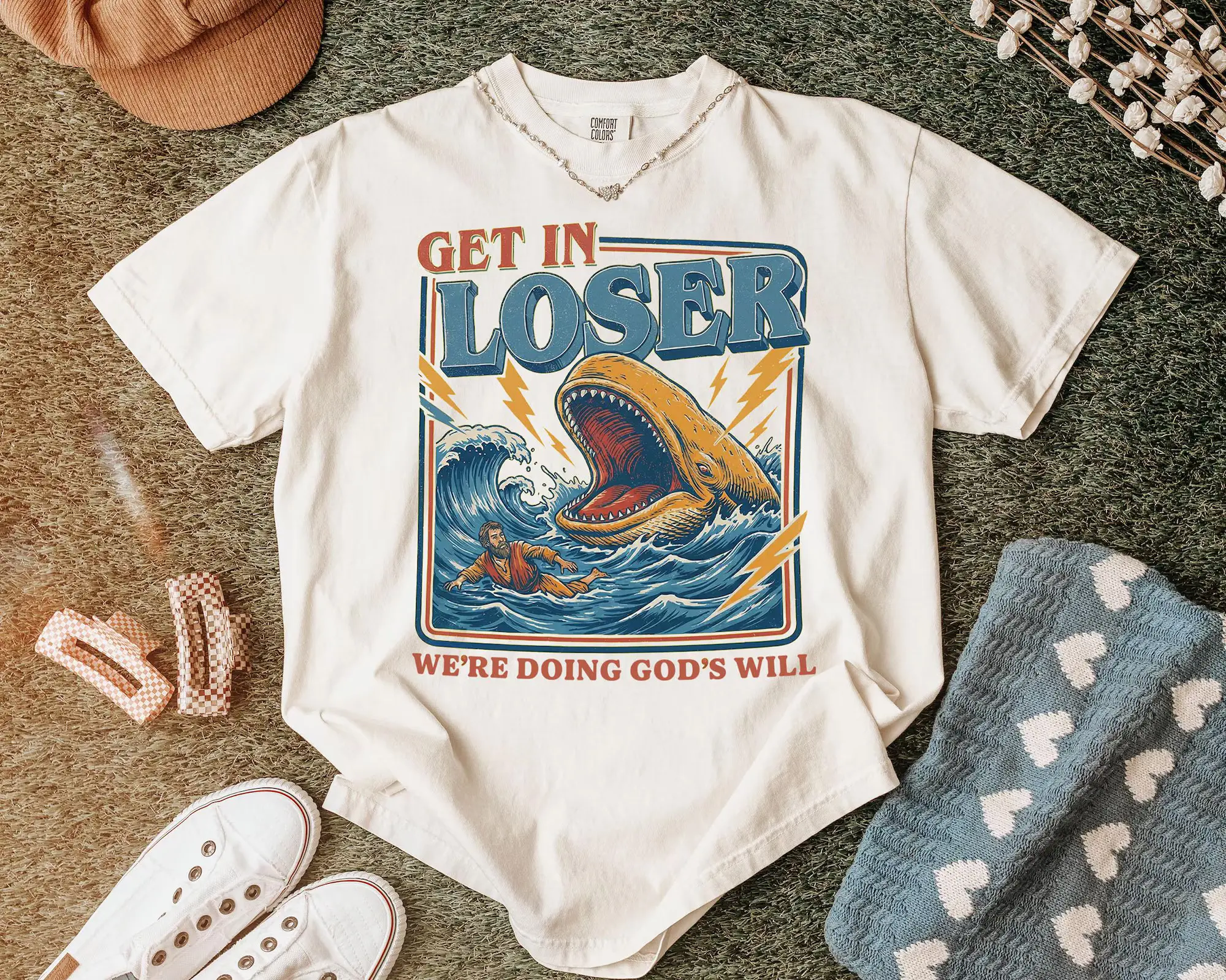 Get In Loser Were Doing Gods Will Shirt, Retro Jonah and the Whale T Shirt, Christian Humor Tee, Vintage Faith Shirt, Funny Bible Verse Gift