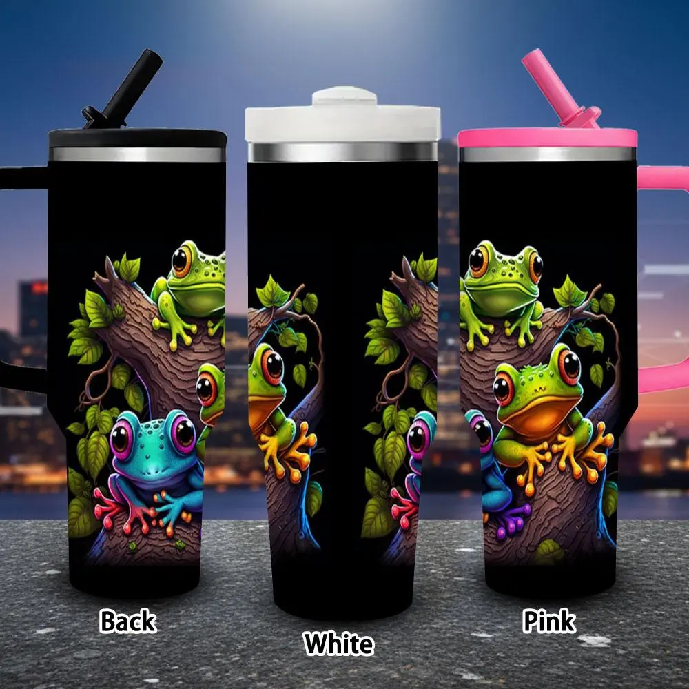 1 pc 40 oz vibrant fantasy frog whimsical tree branch artwork tumbler with lid and straw, winter insulated travel mug, gift for women and men, ideal for Valentine’s Day, Easter, birthday gifts, iced/hot coffee cup