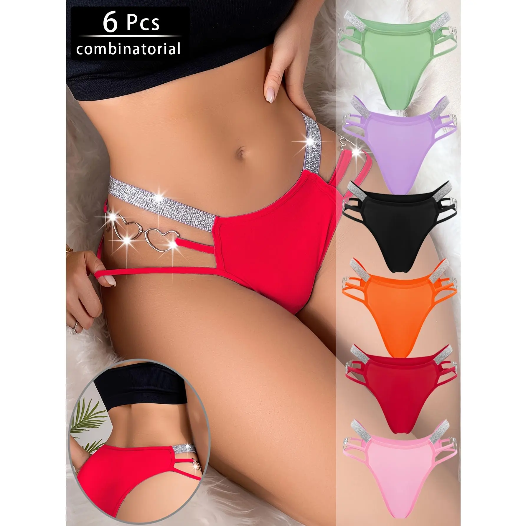 Women's 6-Pack Sexy Heart-Shaped Chain Bikini Panties - Mixed Colors, Soft Breathable Nylon Blend, Mature Elegant Low-Waist, Swim Knicker for Parties, Romantic Dates
