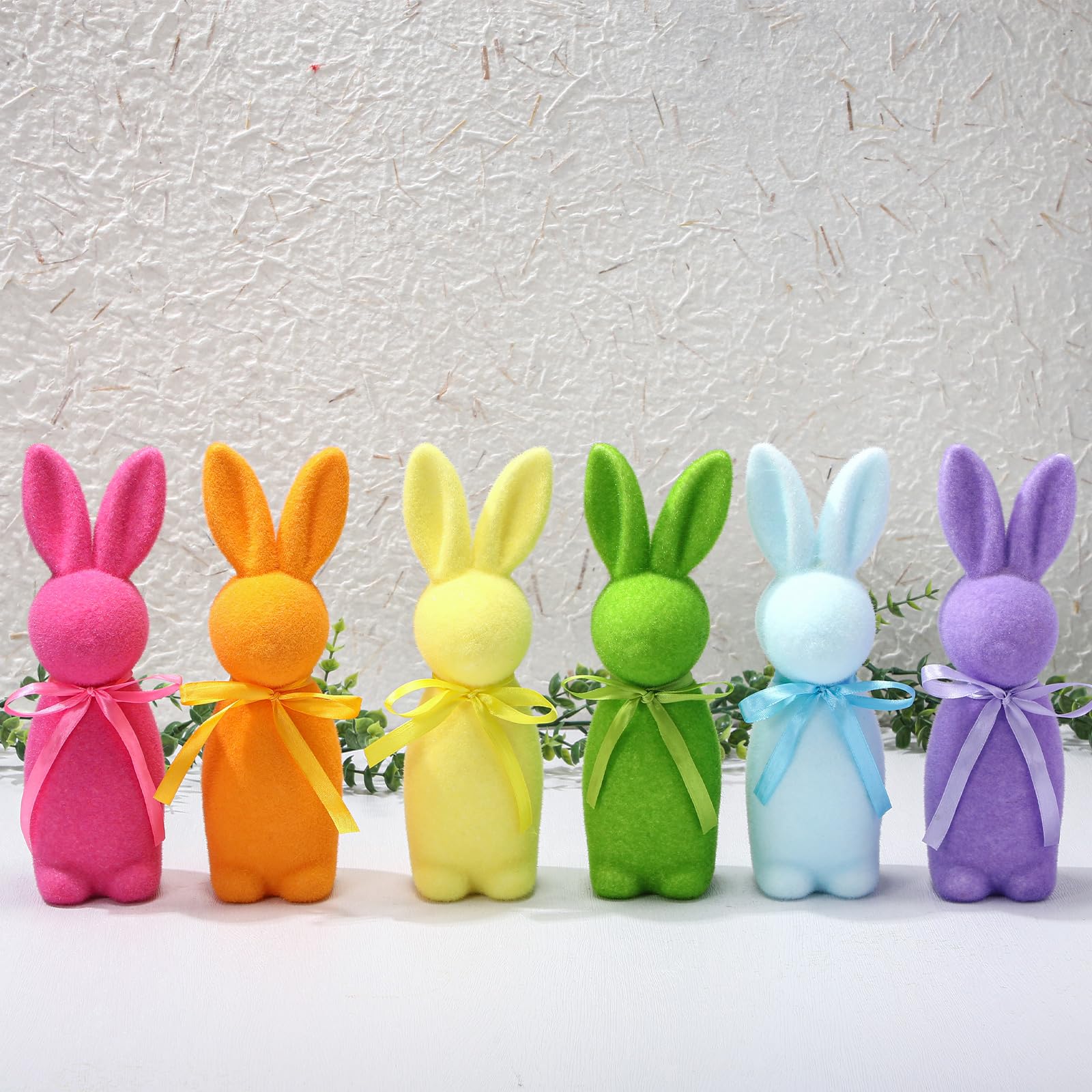 Pastel Flocked Easter Bunny Figurines - 7/6/4 Pcs Cute Velvet Rabbit Statues Set with Bow Ties, Adorable Easter Decor 2026 Bunny in Multiple Sizes & Poses for Tiered Tray Decor Spring Table Centerpiece Shelf Mantel Display Home Party Gifts Basket Stuffers