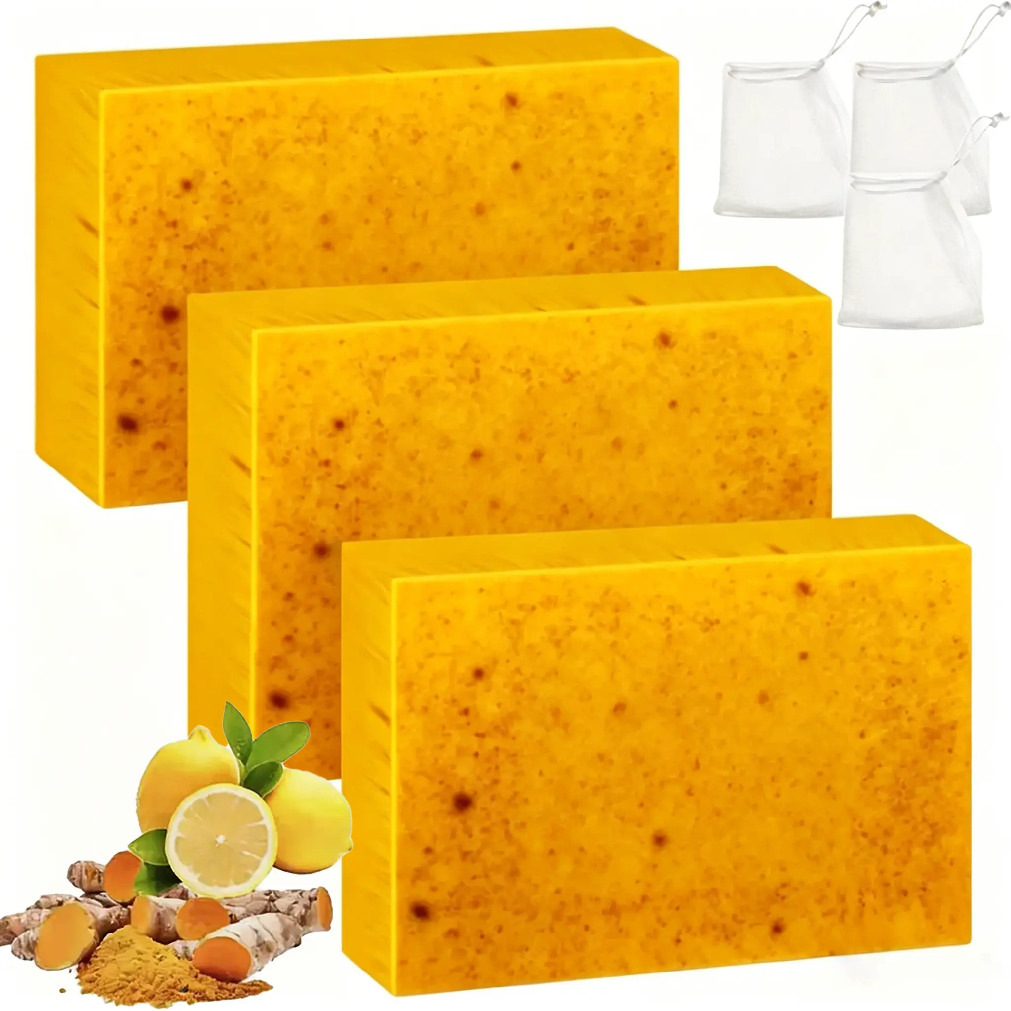 Lemon Turmeric Kojic Soap, Natural Handmade Face & Body Soap for Men & Women, Deep Cleansing Daily Cleanser with Soap Saver Bag