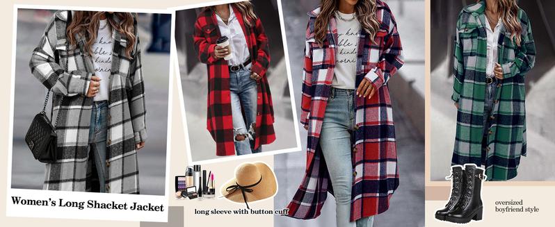 Angerella Womens Plaid Shacket Jacket Long Corduroy Shirt Casual Lapel Button Down Flannel Trench Coats fit check