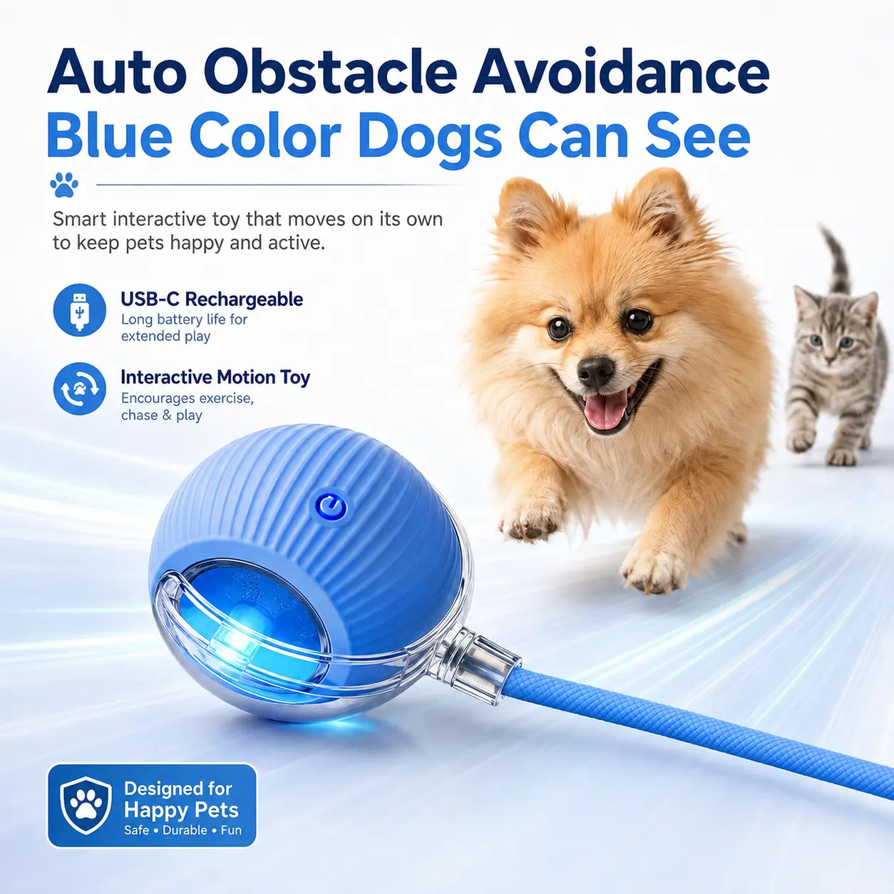 Interactive Dog & Cat Smart Ball Toy – Blue LED Motion-Activated Pet Play Ball with Auto Obstacle Avoidance, USB-C Rechargeable, Durable Fun for Small & Medium Dogs and Cats, Keeps Pets Entertained and Active