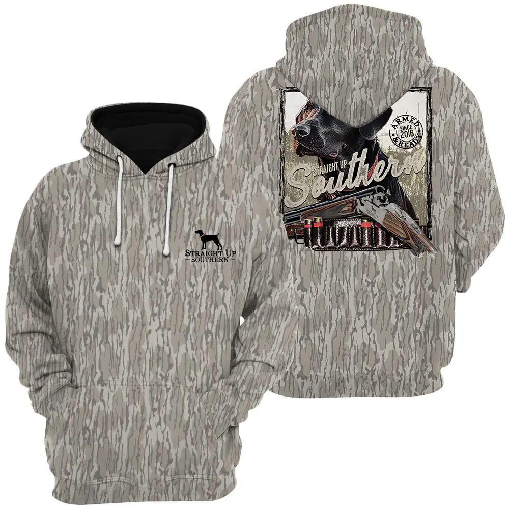 Black Lab Armed and Ready - Field-Ready Retrieving Black Lab Camo Tee, Vintage Graphic Camo Hoodie, Sweatshirt, Top Menswear Streetwear Casual