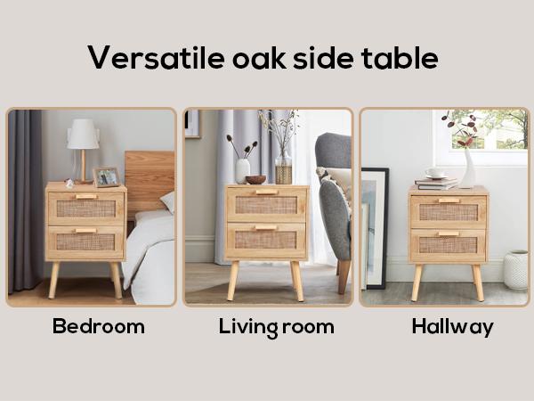 VOWNER  2PCS Rattan Nightstand, End Table with 2 Drawers and Solid Wood Legs, Side Table with Storage for Bedroom, Easy Assembly Night Stand for Kids Room