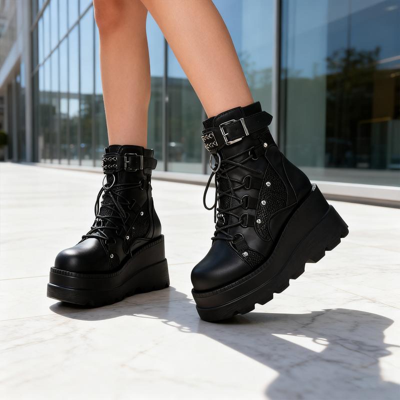 Platform Ankle Boots for Women Chunky High Heel Booties Goth Round Toe Combat Boots Women Lace Up Motorcycle Wedges