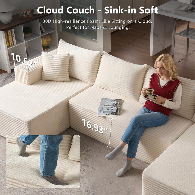 CAODOC Cloud Couch Sectional Modular Sofa, 135" Boneless Couches Sofa for Living Room, Modern Plush U Shaped Sofas Corduroy Couch Sectional with Chaise Lounge