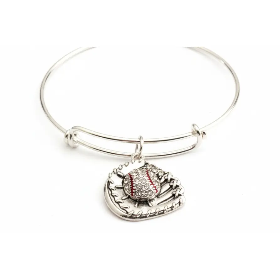 Baseball Bracelet – Baseball Gift – Silver Expandable Bangle with Crystal Baseball Mitt Charm