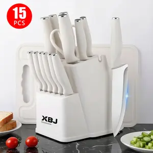 15-PcS Stainless Steel Kitchen Knife Set with Built-in Sharpener – Includes Chef Knife, Bread Knife, Steak Knives, Utility Knife, Kitchen Shears – Ergonomic Plastic Handles, Dishwasher Safe, Ideal Gift for Home Cooks