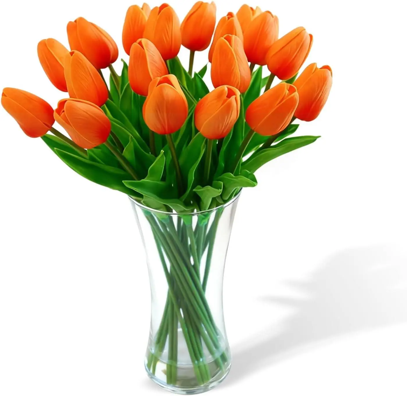 20-Piece Real Touch Artificial Tulips in Glass Vase with Faux Water - Lifelike Silk Flower Arrangement for Home, Office, Table Decor (Orange)
