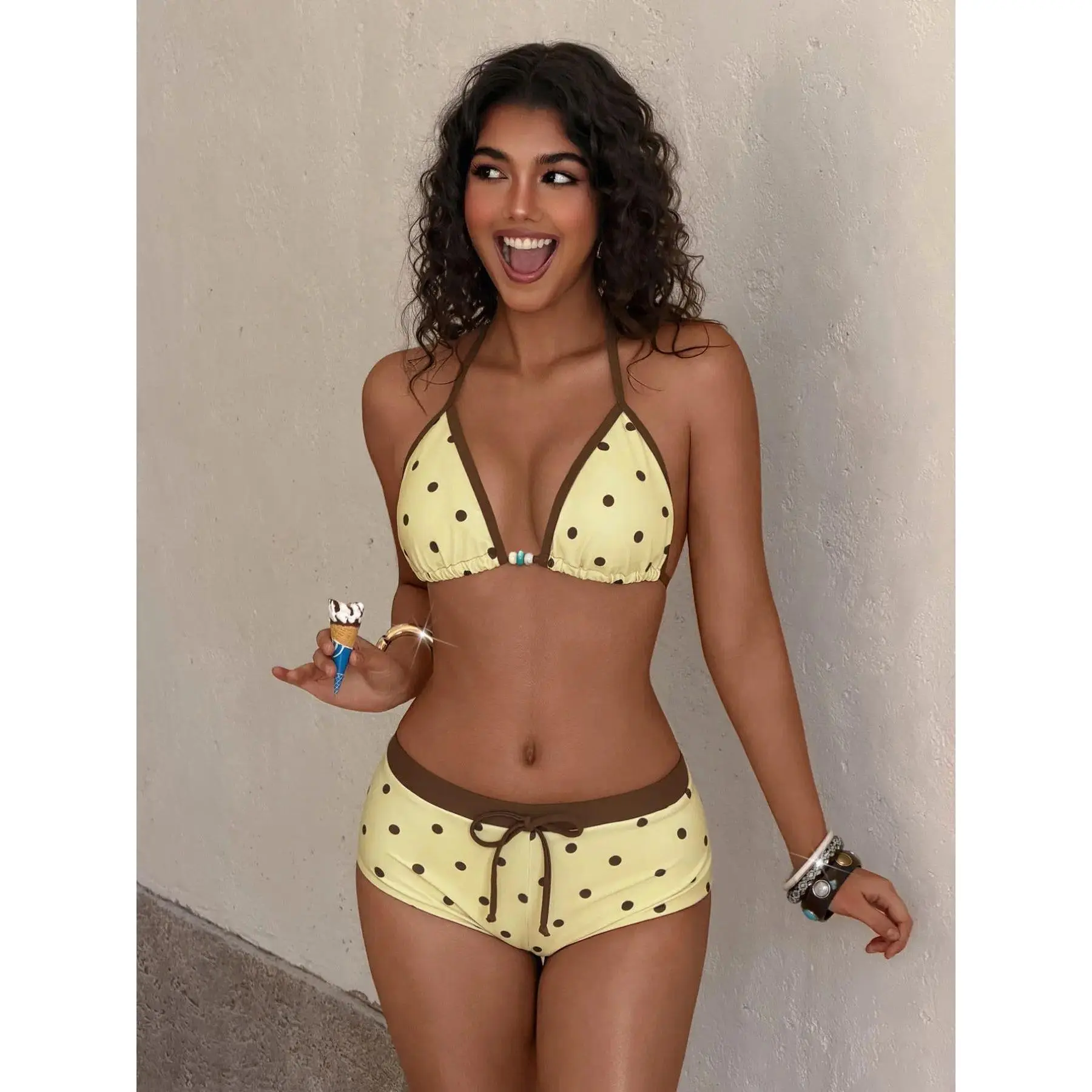 Retro Yellow Polka Dot bikini set for Women, Triangle Halter two piece swimsuit, Color Block two piece set for Beach, Pool, Resort and Summer Vacation