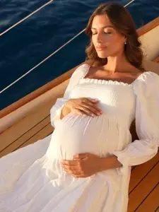 White Ruffle Ruched High Waist Puff Sleeve Cute Maternity Photography Long Dress Pregnancy Clothes