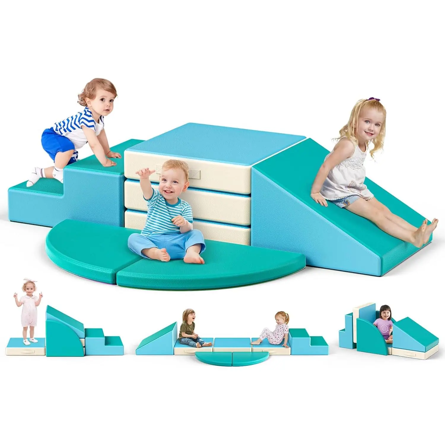 Toddlers' 5-Piece Soft Foam Climbing Blocks, Blue Foldable Set, Waterproof Indoor Multi-Level Play Toys for Baby Gym Use