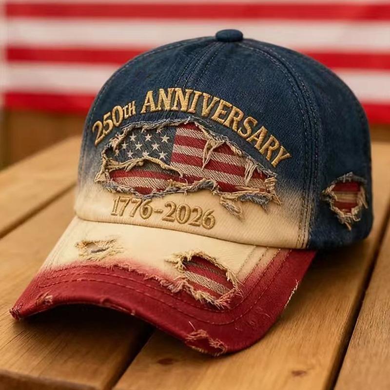 250th Anniversary Baseball Cap, USA 1776-2026, Patriotic Fashion Casual Style, Pairs well with ripped jeans and embroidered map of the United States.