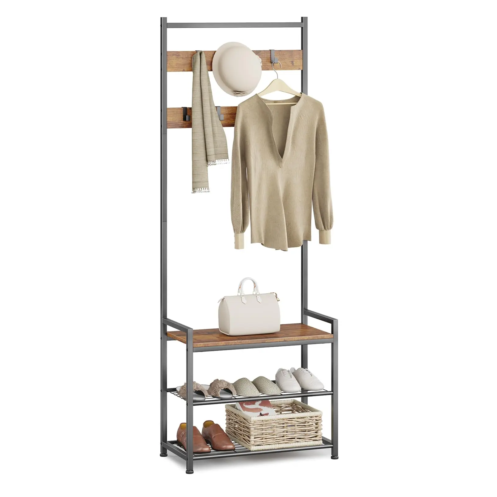 Leadpro Coat Rack Hall Tree with Shoe Storage - Entryway Hall Tree Storage Bench, Wood Look Accent Furniture with Metal Frame, Rustic Brown, TikTokShopfalldealsforyou