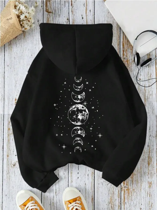 Women's Oversize Star & Moon Print Cotton Hooded Sweatshirt - Breathable Comfortable Fabric, Fall Casual Pullover, Hoodies for Women, Ideal for Graduation Back To School, Unisex Top, Back To School Haul, Graphic Hoodies, Casual Wear