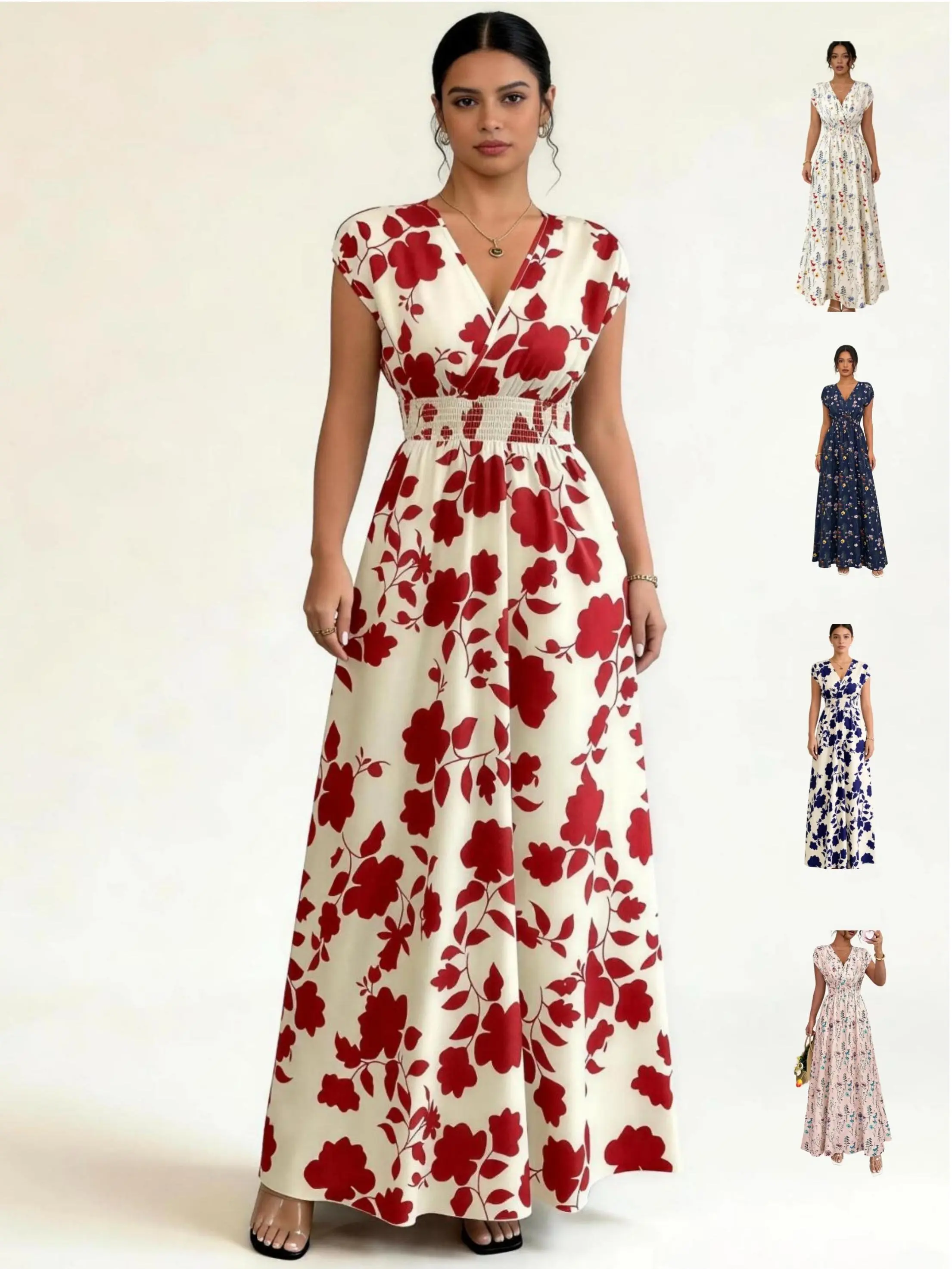 Women's V Neck Short Sleeve Floral Print Maxi Dress Smocked High Waist Flowy Casual Long Dress For Summer Beach