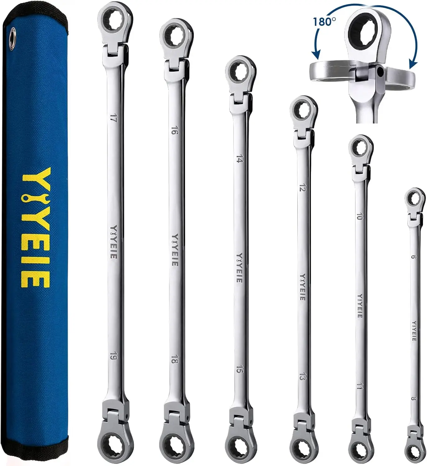 YIYEIE 6 Pcs Extra Long Flex Head Ratcheting Wrench Set, Metric Long Wrench 8mm - 19mm, 72-Tooth Double Box End Wrenches, Chrome Vanadium Steel with Mirror Polish Finish, Rolling Pouch