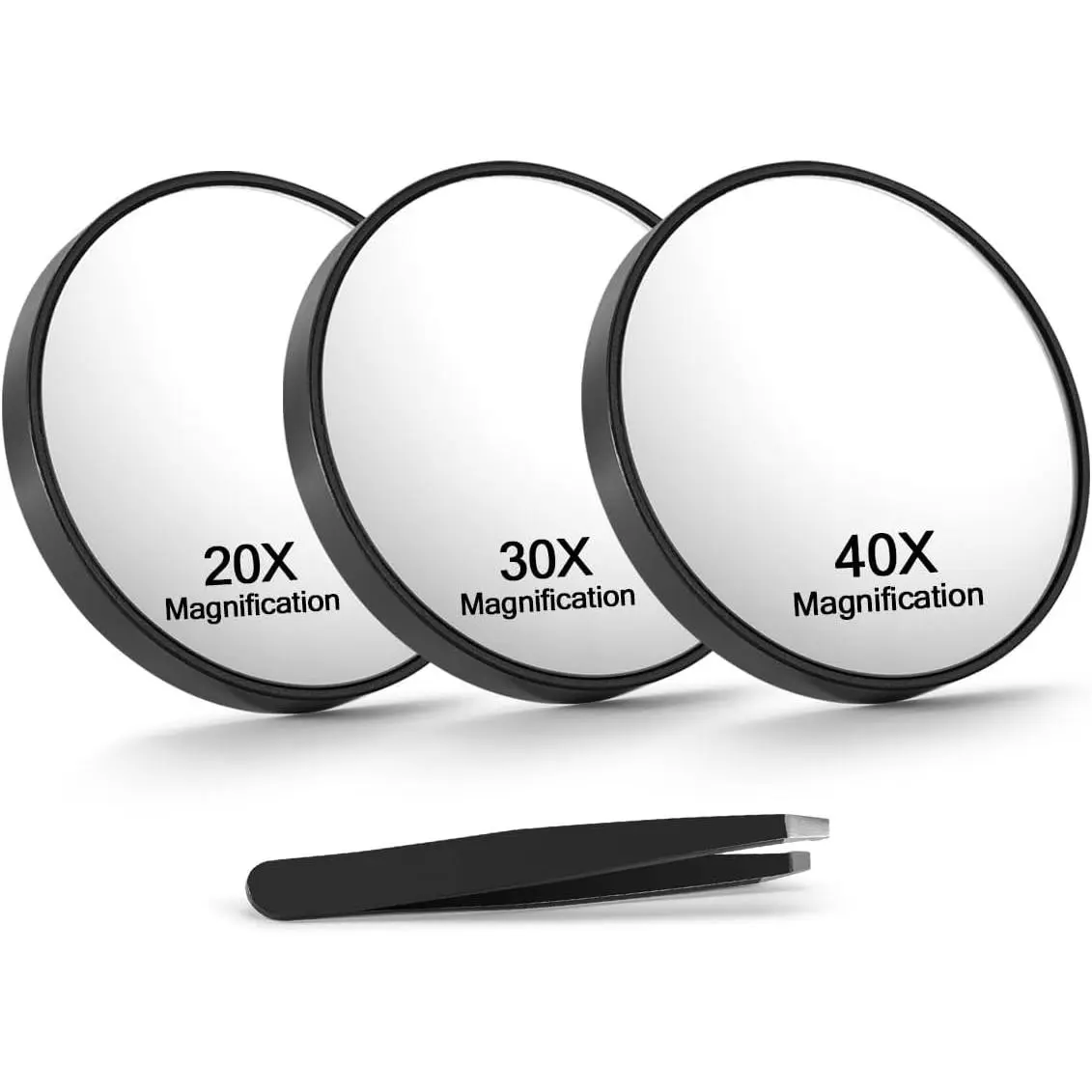 20X/30X/40X Magnifying Mirror with Suction Cups and Tweezers Set, 3.5 inches Travel Magnified Makeup Mirror, Black, 3 count