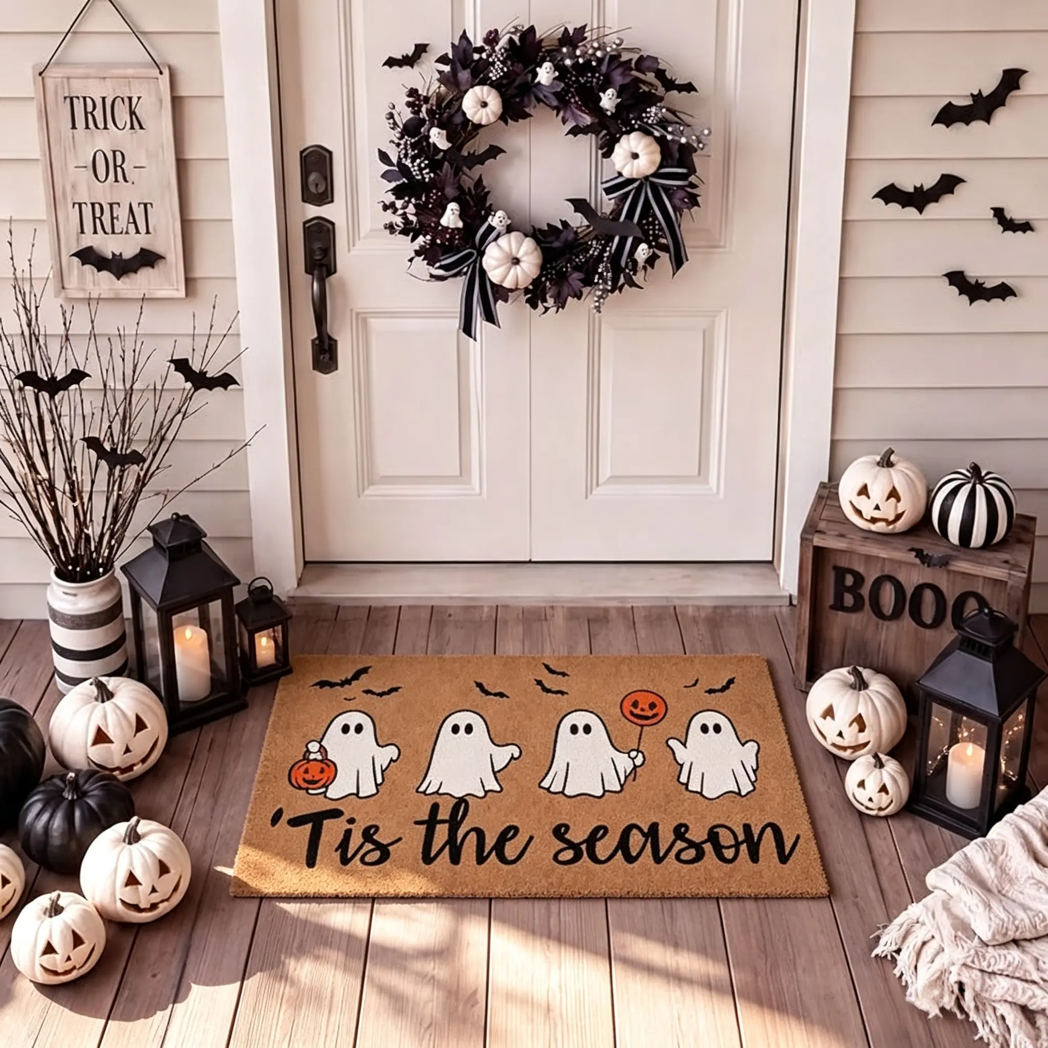 Funny Rustic Low-Profile Halloween Ghost Doormat - Non-Slip Dustproof Creative Floor Mat, Halloween Aesthetic Entryway Decor Porch Accessories for Indoor Use