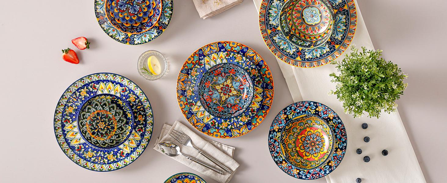 vancasso Cereal Bowls Set of 6, Bohemian Ceramic Soup Bowls, 28 oz Colorful Bowls Set for Kitchen, Dishwasher & Microwave Safe for Salad, Pasta, Rice, Oatmeal, Fruit Tableware