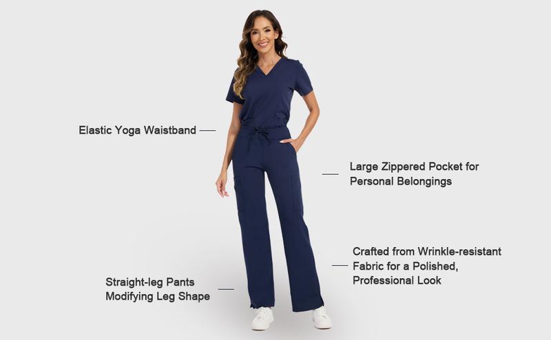 Kecols High Rise Yoga Scrub Pants Women - Straight Leg Uniform Pants with Cargo Pocket, Anti-Wrinkle & Knit Yoga Waistband 5 Pockets&4-Way Stretch
