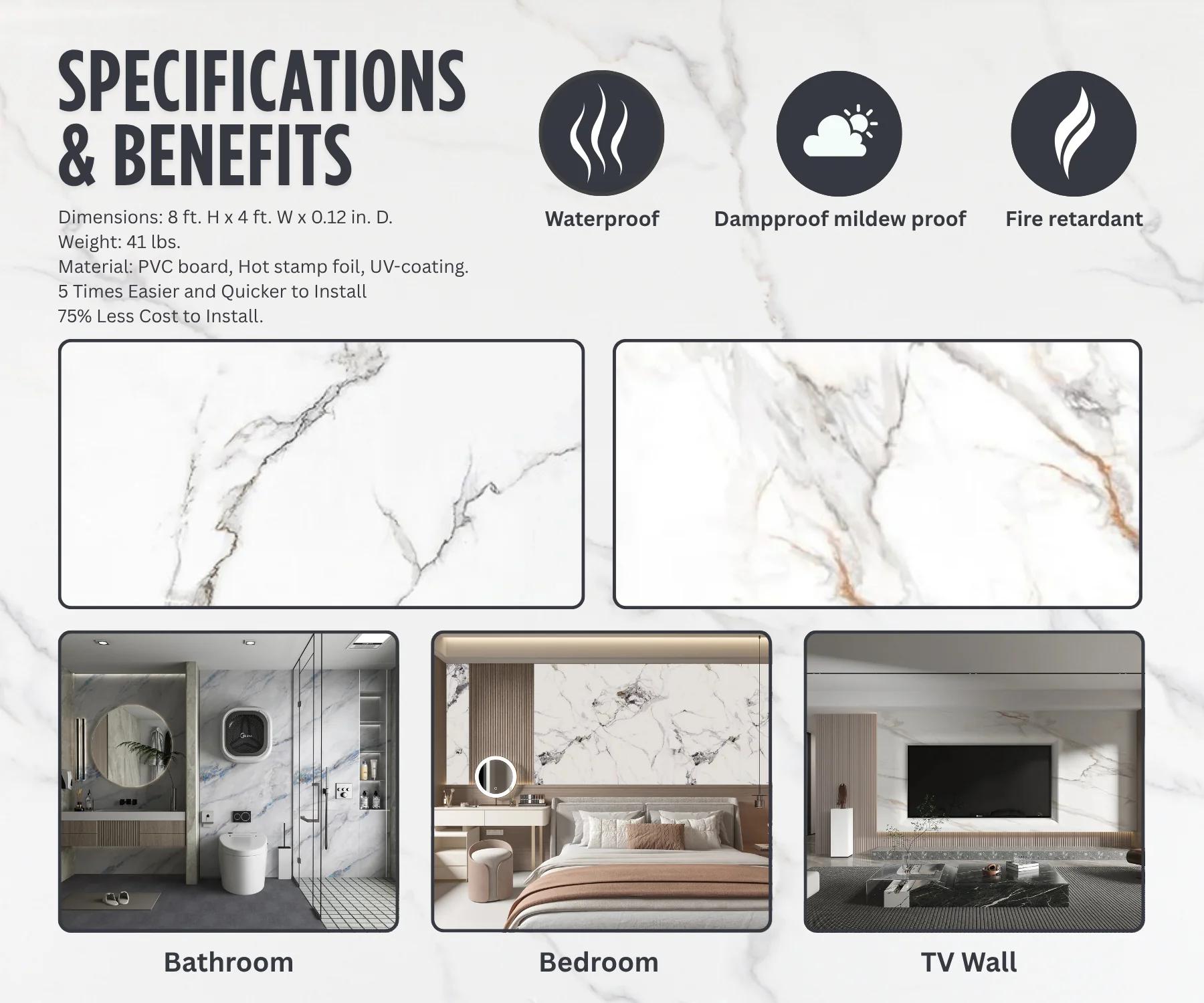 Calacatta White Marble UV Protected PVC Wall Panel - 4x8 ft, Fireproof ...