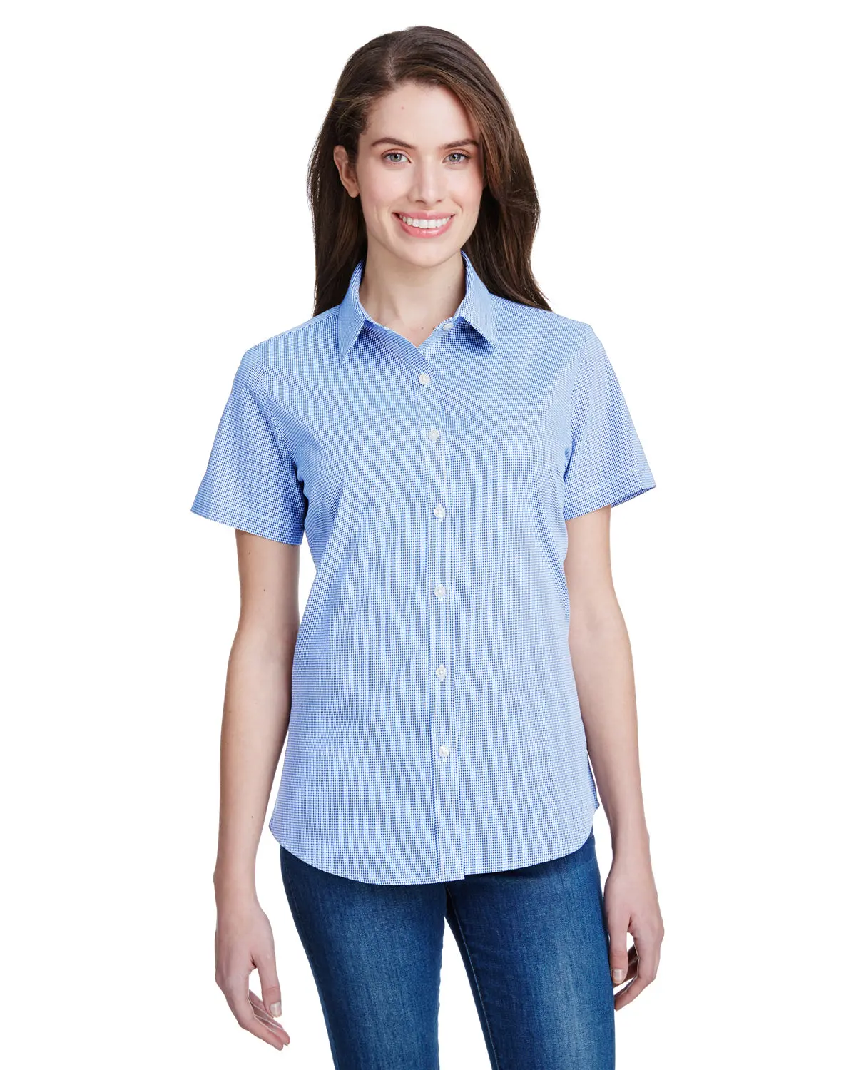 Ladies' Microcheck Gingham Short-Sleeve Cotton Shirt