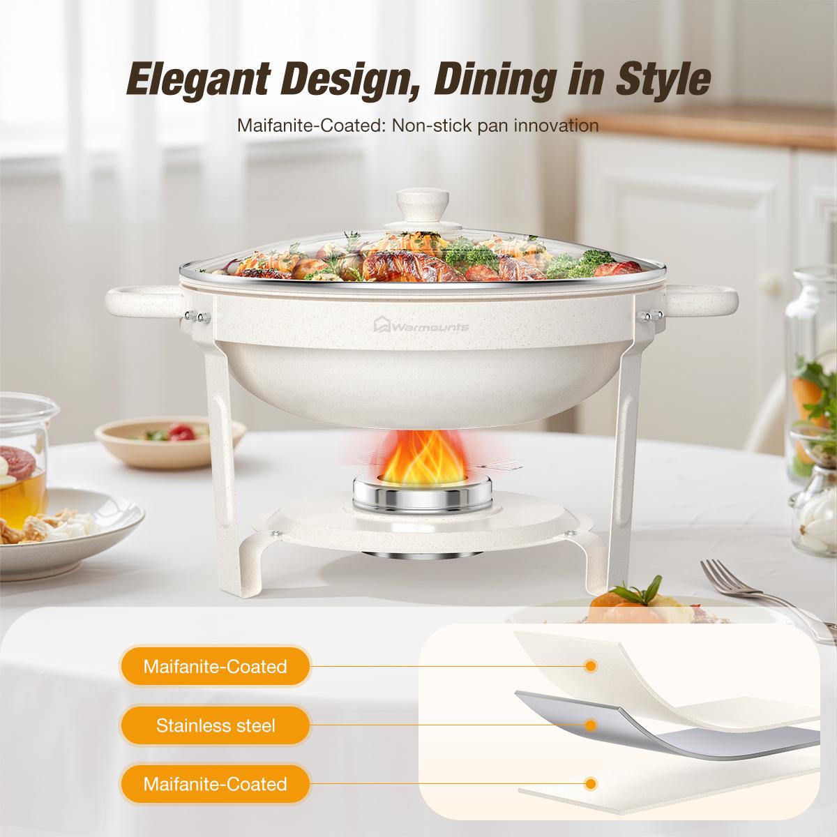 WARMOUNTS 5QT White Chafing Dishes for Buffet with Glass Lid 2/4 Pack, Maifanite-Coated Round Chafing Dish Set w/Mirror-Polished Stainless Steel Rolled Rim, Stackable, Lid Holder for Party, Wedding