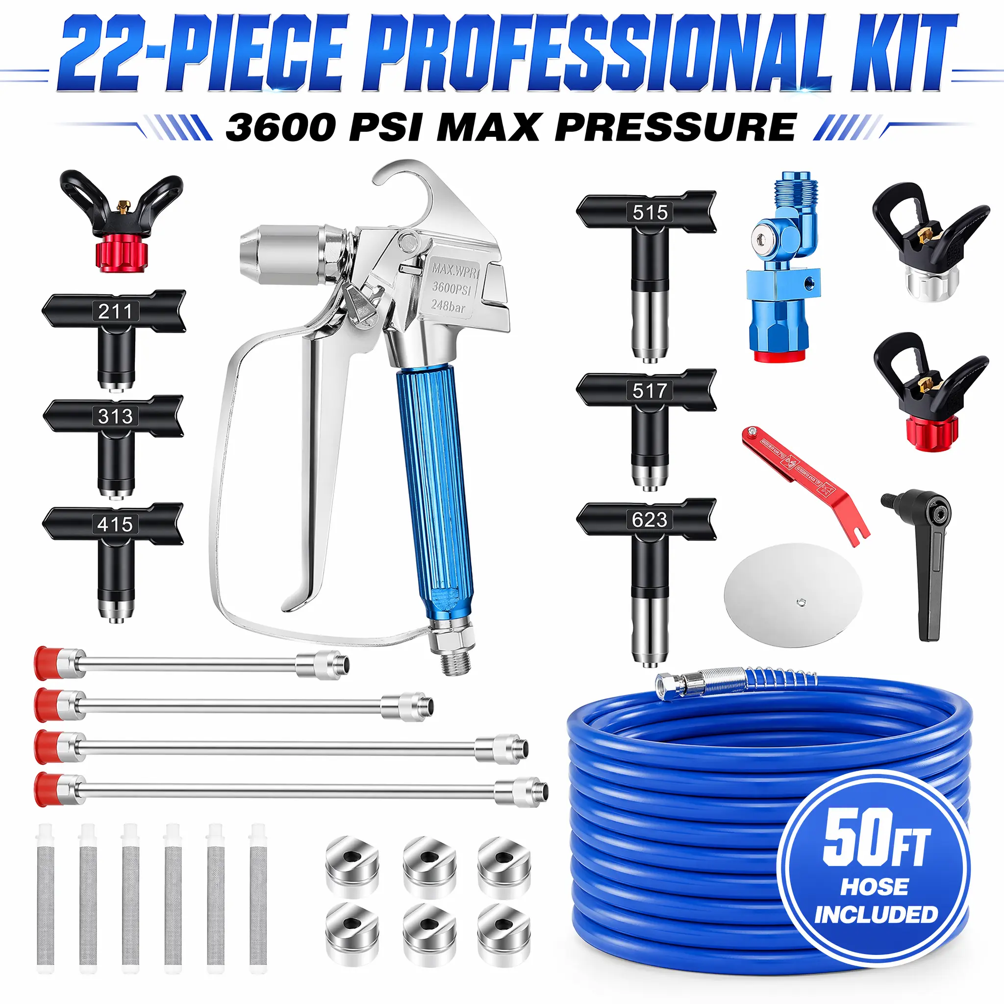 22Pcs Airless Paint Sprayer Gun Kit, 3600PSI Airless Spray Gun with 50Ft High Pressure Hose & 6Pcs Reversible Spray Tips & 4Pcs Extension Rod & 6Pcs Filters & Guide Tool & Nozzle Seat