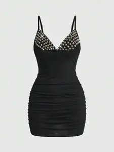 Grunge Punk Sexy Dark PUNK Rivet Patchwork Ruched Mini Dress For Women