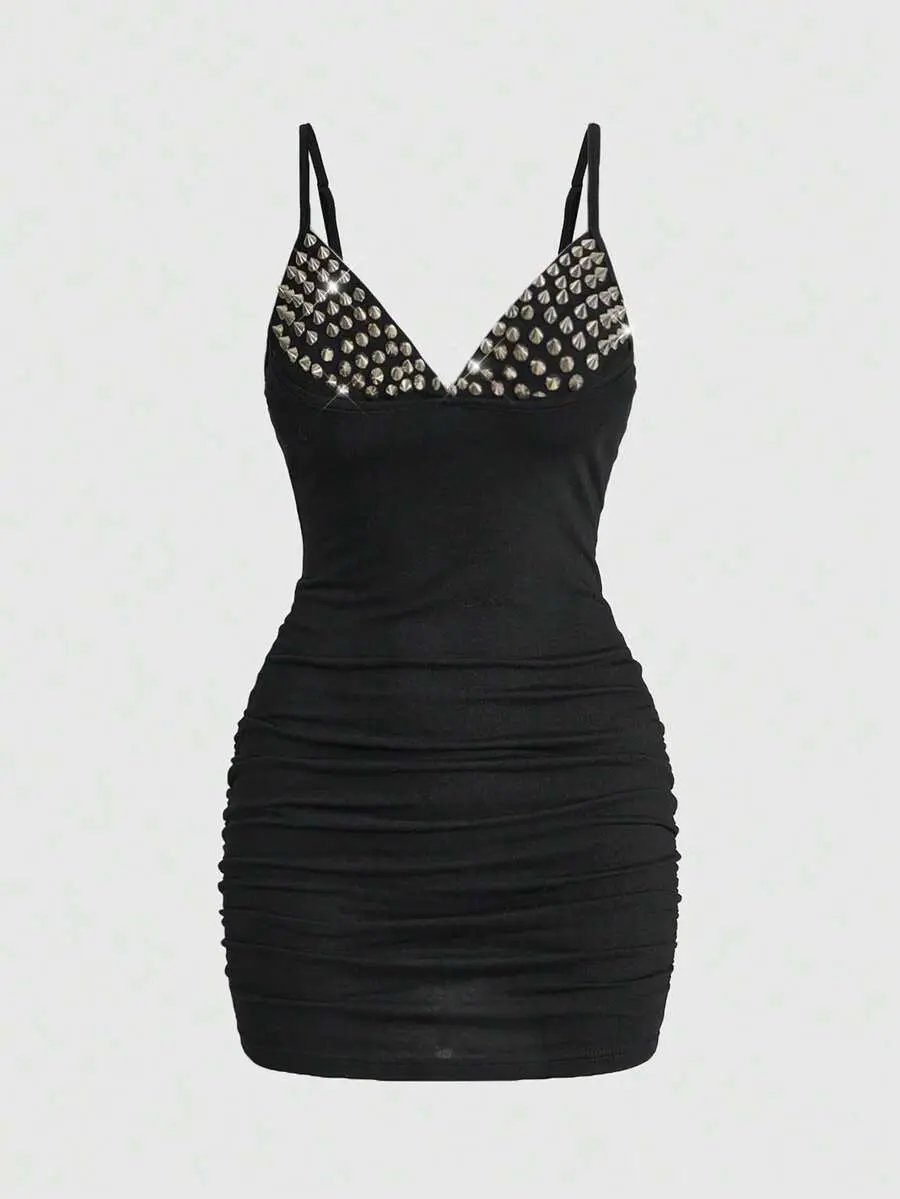 Grunge Punk Sexy Dark PUNK Rivet Patchwork Ruched Mini Dress For Women -  TikTok Shop