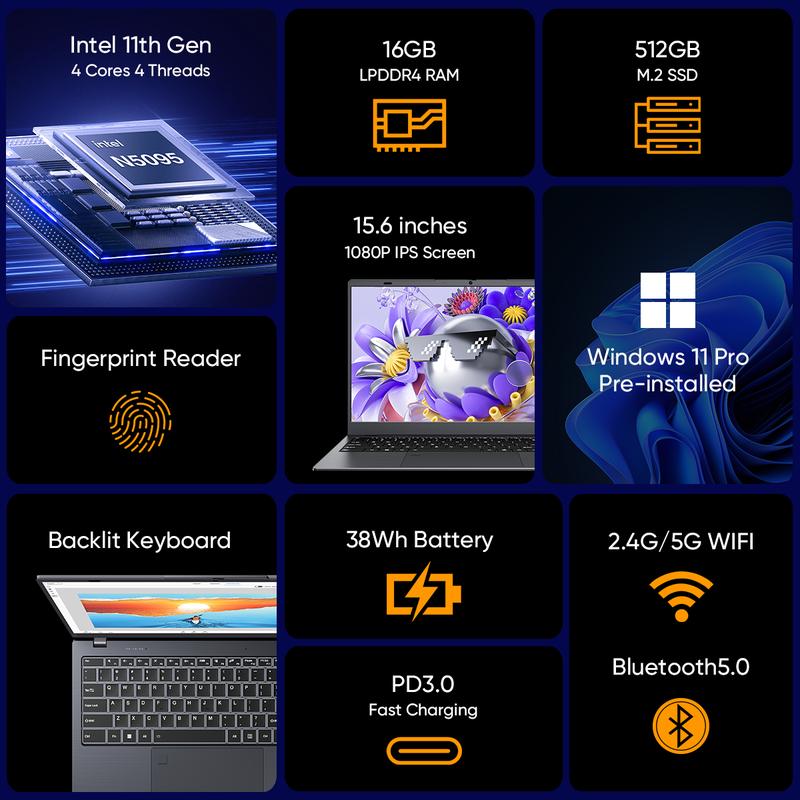 2026 Newest Business Laptop 15.6″ FHD IPS Display, Intel N5095 4-Core 16GB DDR4 512GB SSD 2TB Expandable Backlit Keyboard Fingerprint Reader Long Battery Life Wi-Fi 5 Bluetooth 5.0 Gray