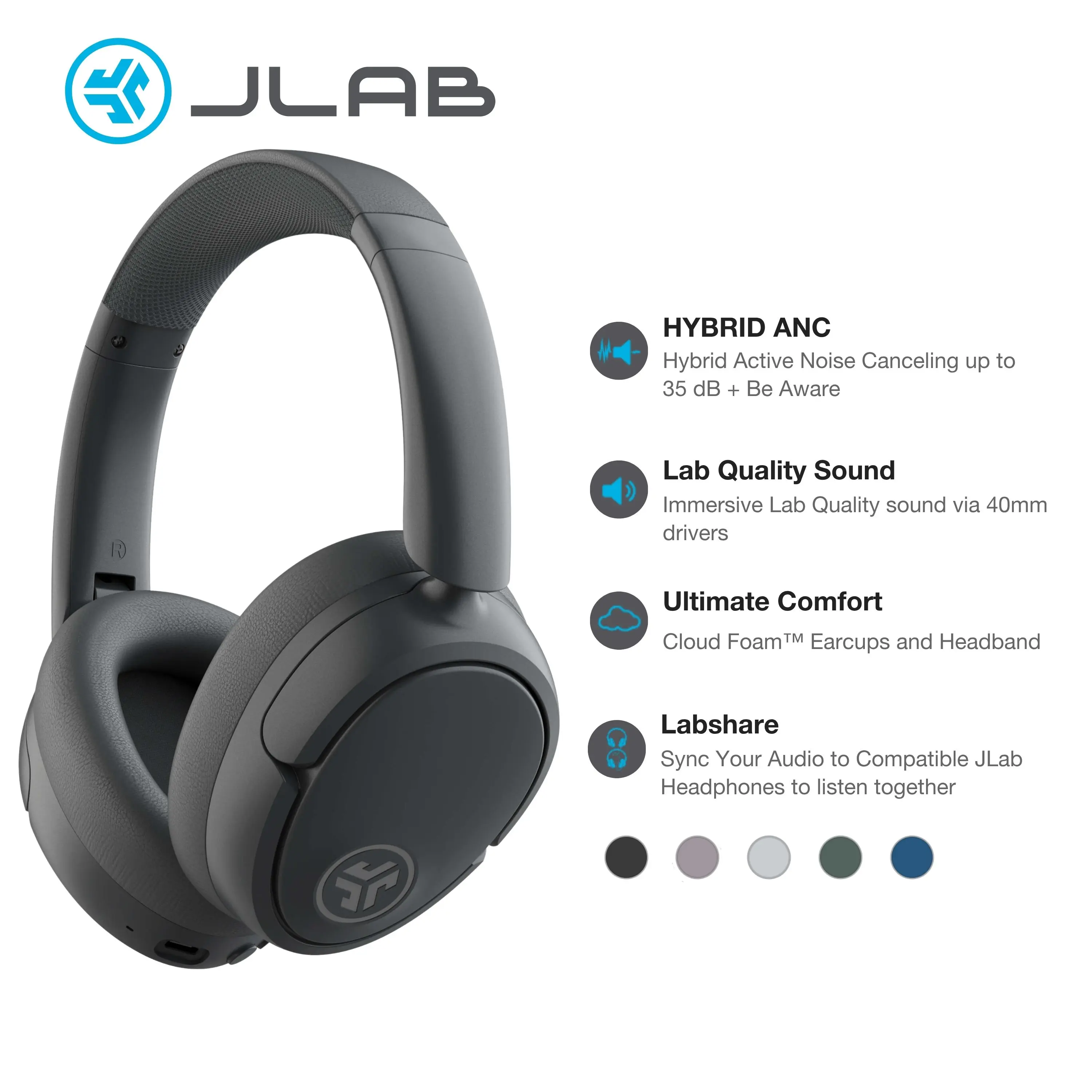 JLab JBuds Lux ANC Wireless Bluetooth Noise Cancelling Headphones with Mics, Adjustable Over-Ear Design, Custom EQ, Be Aware Safety Mode, Foldable, Wired Charging Cable, Compatible with iPhone/Android Devices (Tools and Gadgets, Mens Gifts)