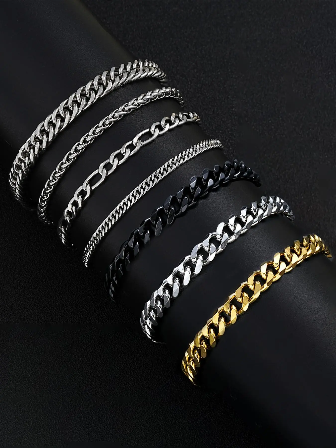 Men's 7-Piece Stainless Steel Link Bracelet Set, Bracelet Jewelry, Fashion Bracelet Bundle, Streetwear Hip-Hop Simple Cuban Chain, Ideal Gift for Boyfriend & Son, Perfect for Daily, Party, Birthday and Father's Day