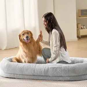 【FathersDayGift】VEVOR Human Dog Bed,  , 67.7"x35"x9.8" Human Dog Bed for Adult, Human Size Dog Bed with Washable Faux Rabbit Fur Cover, Egg Orthopedic Foam, Storage Pocket, Large Dog Bean Bed, Light Grey