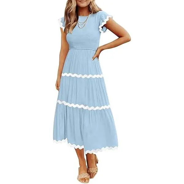 ZESICA Women's Summer Flutter Short Sleeve Smocked Midi Dress Casual High Waist Rickrack Tiered Flowy Dresses