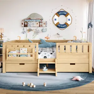 Full with built-in bookshelves and storage drawers, Safety Staircase design and high-quality safety rails,Light Natural