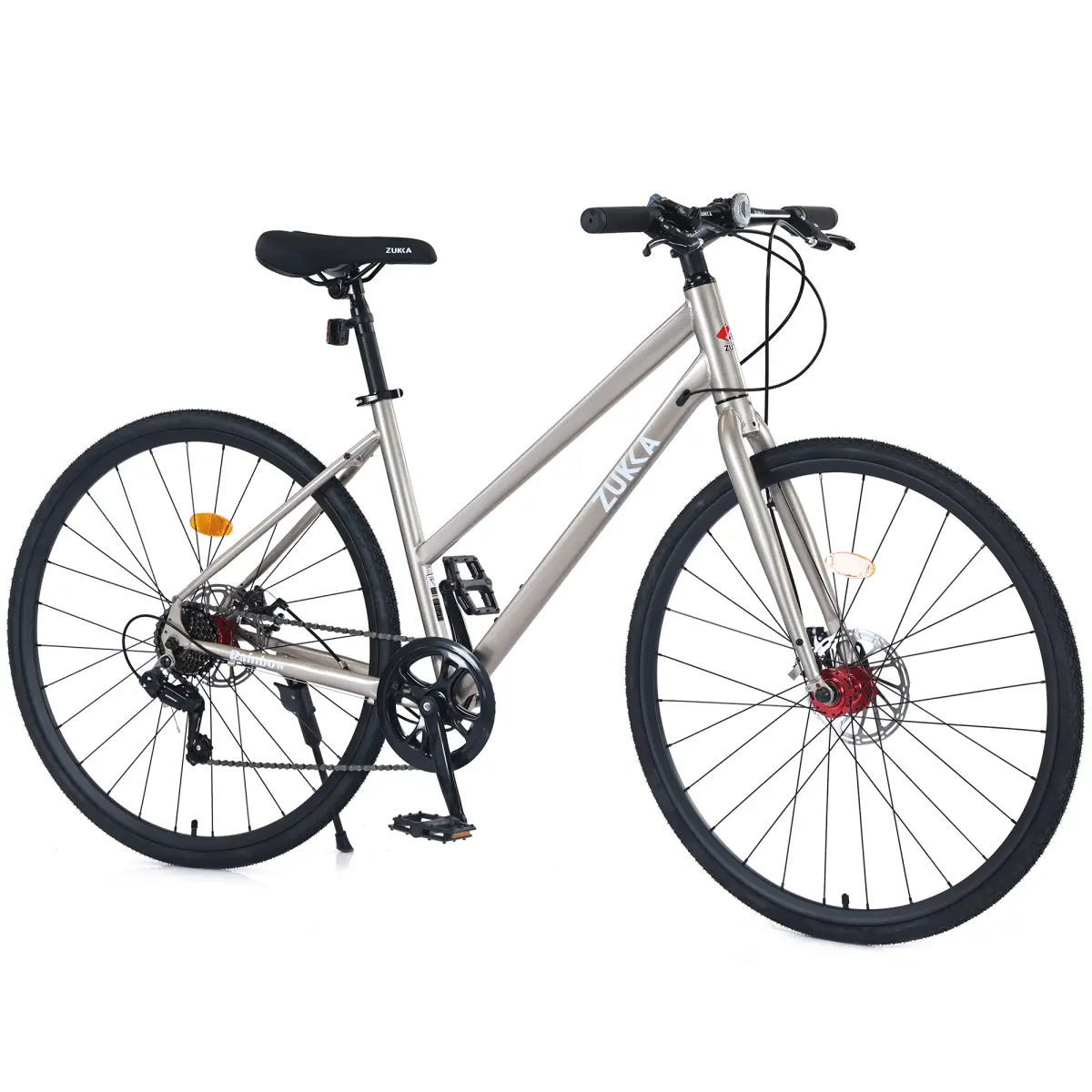 Unisex Adult 7-Speed Hybrid Bike with 7-Speed Change System, 18-Inch Steel Frame, Dual Disc Brakes, 700C Wheels for City Cycling, Champagne Color, 85% Pre-Assembled