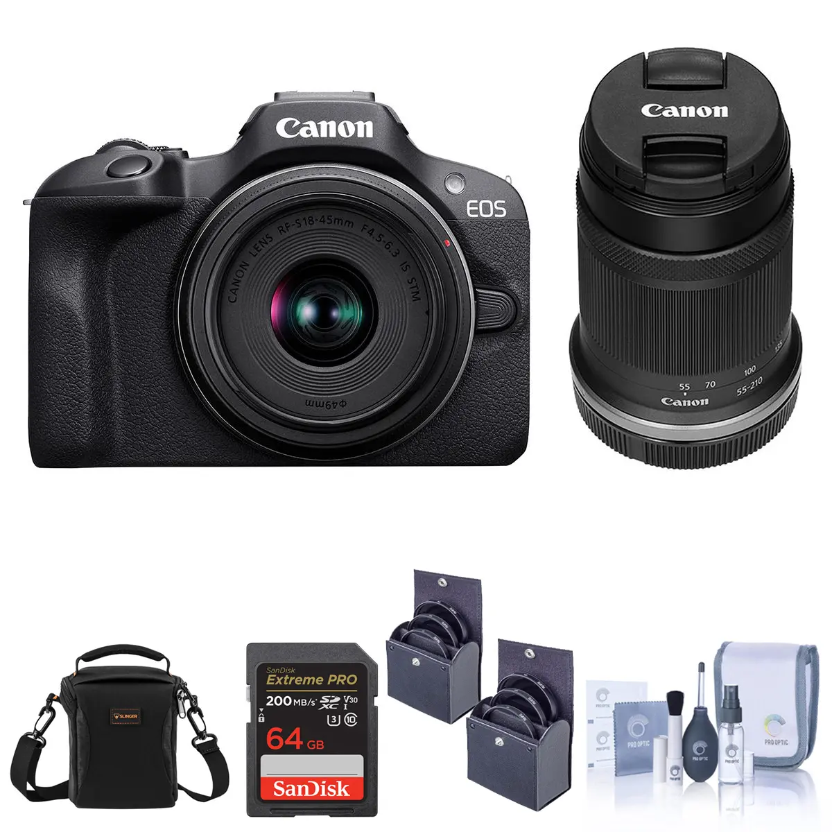 Canon EOS R100 Mirrorless Camera with RF-S 18-45mm f/4.5-6.3 & RF-S 55-210mm f/5-7.1 Lens, Bundle with Memory Card, Shoulder Bag and Filter Kit